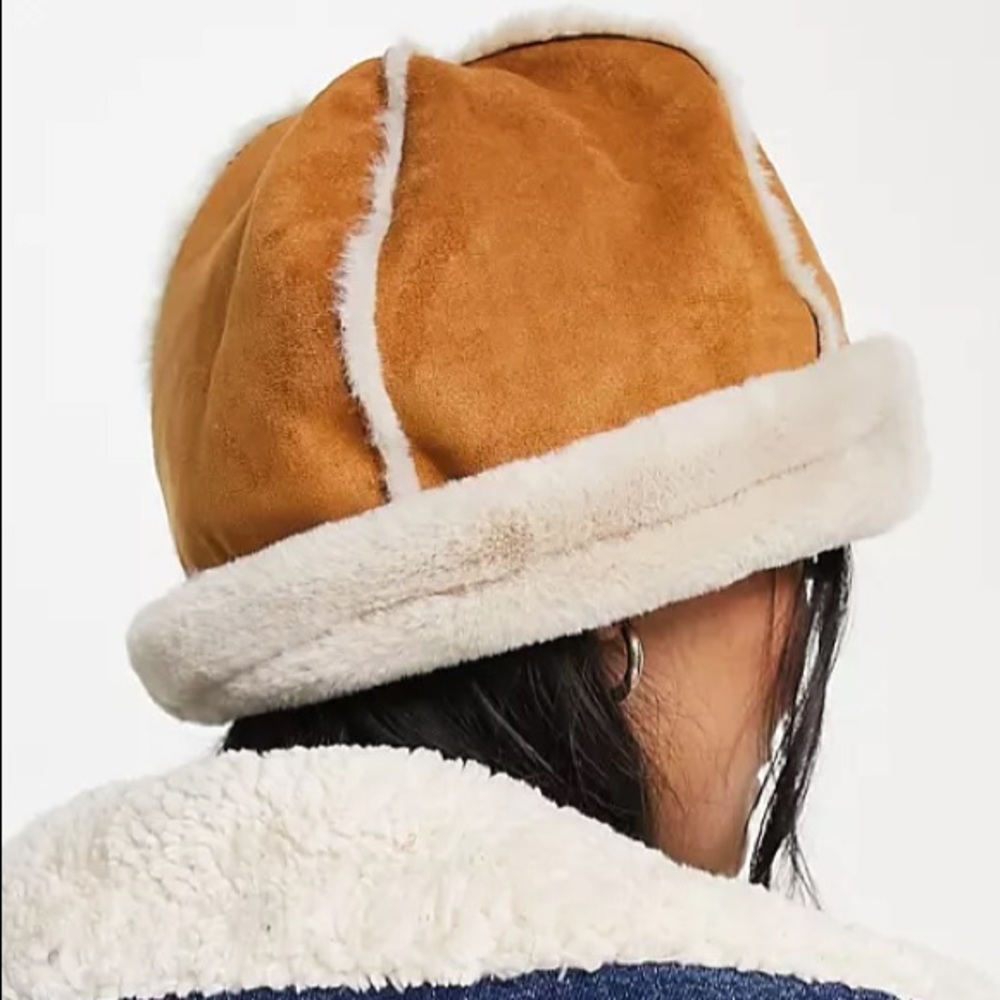 ASOS DESIGN faux fur shearling beanie hat in brown size M-L